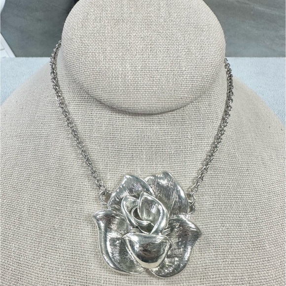 Silver Tone Large Rose Pendant Necklace